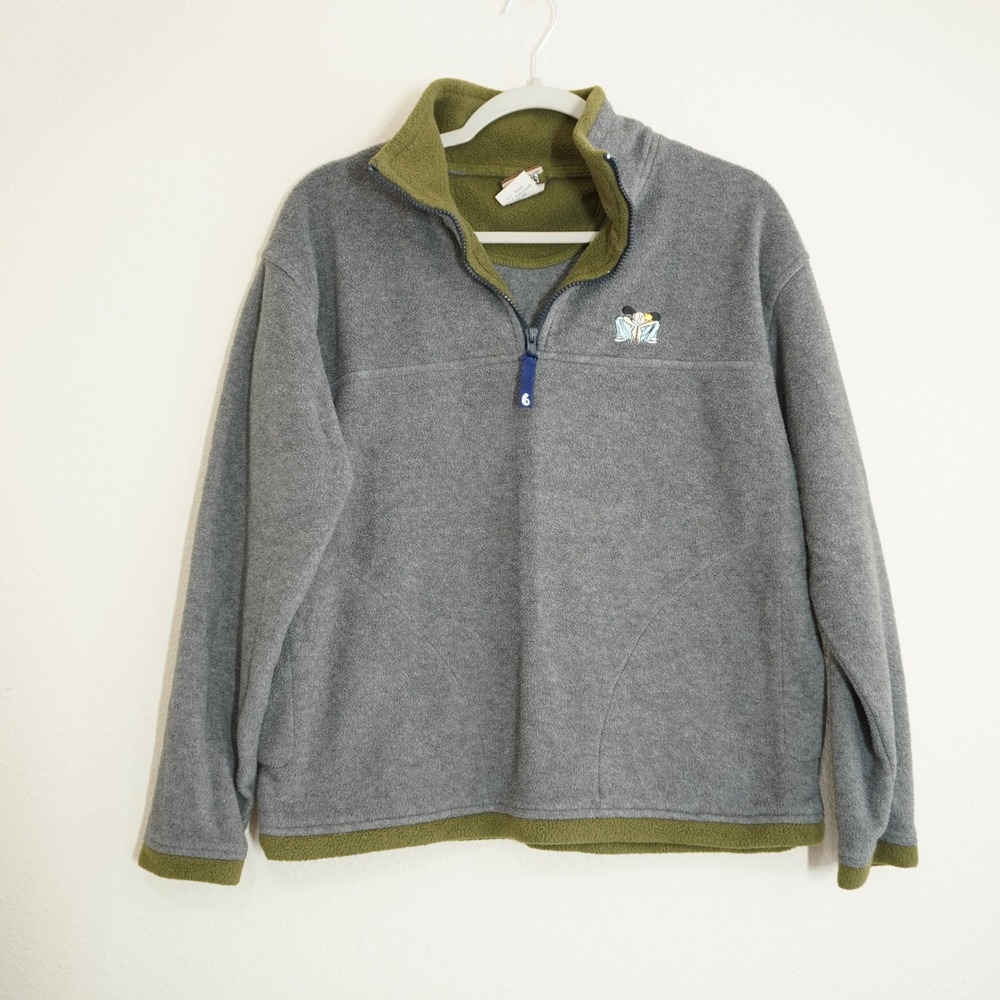 Vintage 90s BugGirl Gray Olive Green Quarter Zip Fleece Pullover Sweater Medium